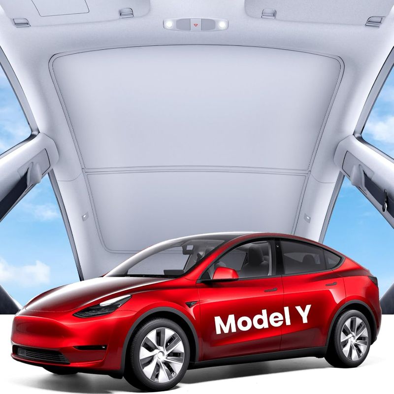 Photo 1 of 2025 Upgrade Tesla Model Y Sunshade Roof [No Gaps, No Sagging] Tesla Y Accessories Heat Insulation Foldable Glass Sunroof Cover for Model Y 2021-2025, 2PCS, Gray