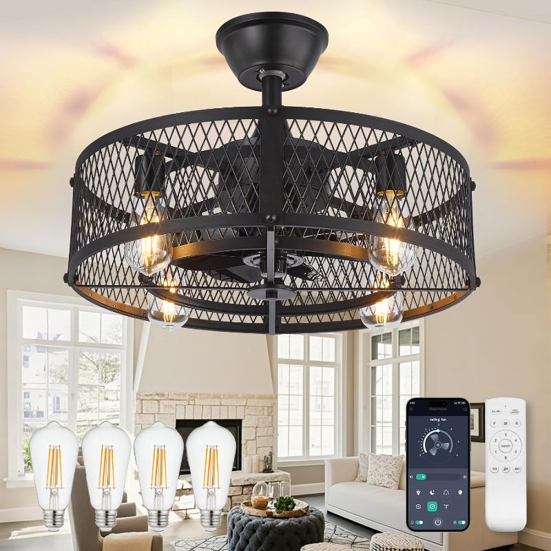 Photo 1 of DLLT Caged Ceiling Fan with Light: 20" Farmhouse Fandelier with Light and Remote - Black Rustic Chandelier with Fan for Bedroon Kitchen Living Dining Room