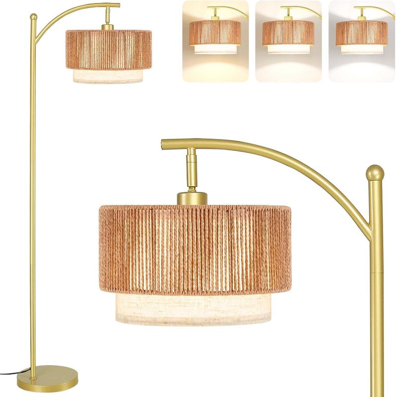 Photo 1 of SUNMORY Floor Lamps for Living Room with 12W LED Bulb, Arc Floor Lamp with 3 Color Temperatures, Farmhouse Floor Lamps with Adjustable Rattan & Fabric Shades, Boho Standing Lamp for Bedroom, Corner