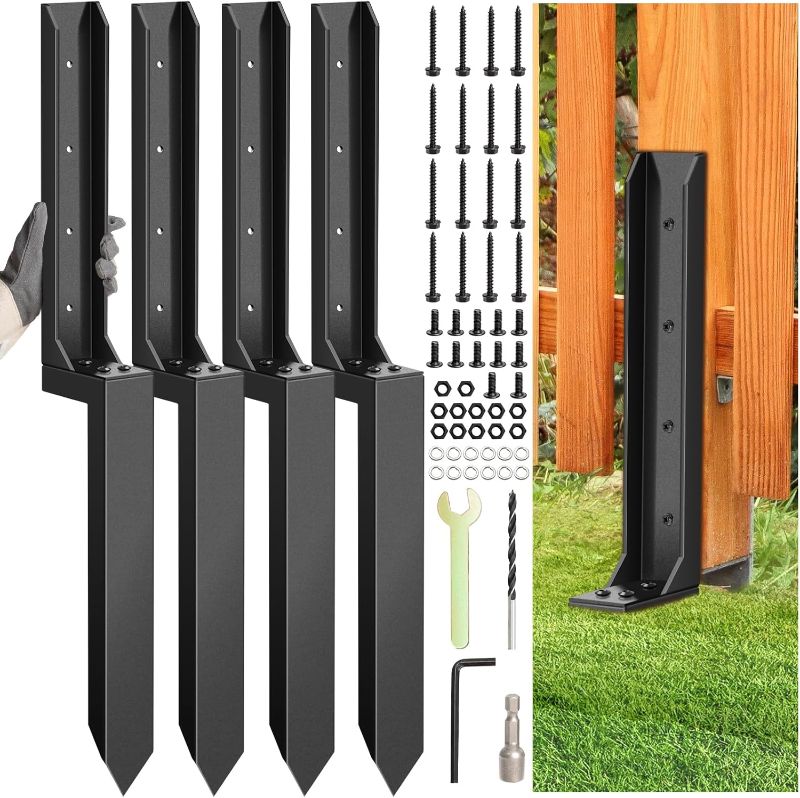 Photo 1 of 4 Pcs Fence Post Repair Kit, Heavy Duty Fence Post Anchor Ground Stakes for Repair Tilted, Broken Wood Support