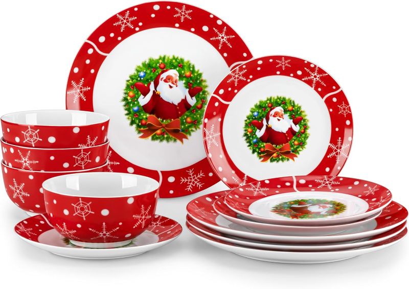 Photo 1 of VEWEET Porcelain Dinnerware Set for 4, 12 PCS Christmas Plates and Bowls Set for Christmas Festive Holiday Meals and Family Gatherings,Series Santa Claus