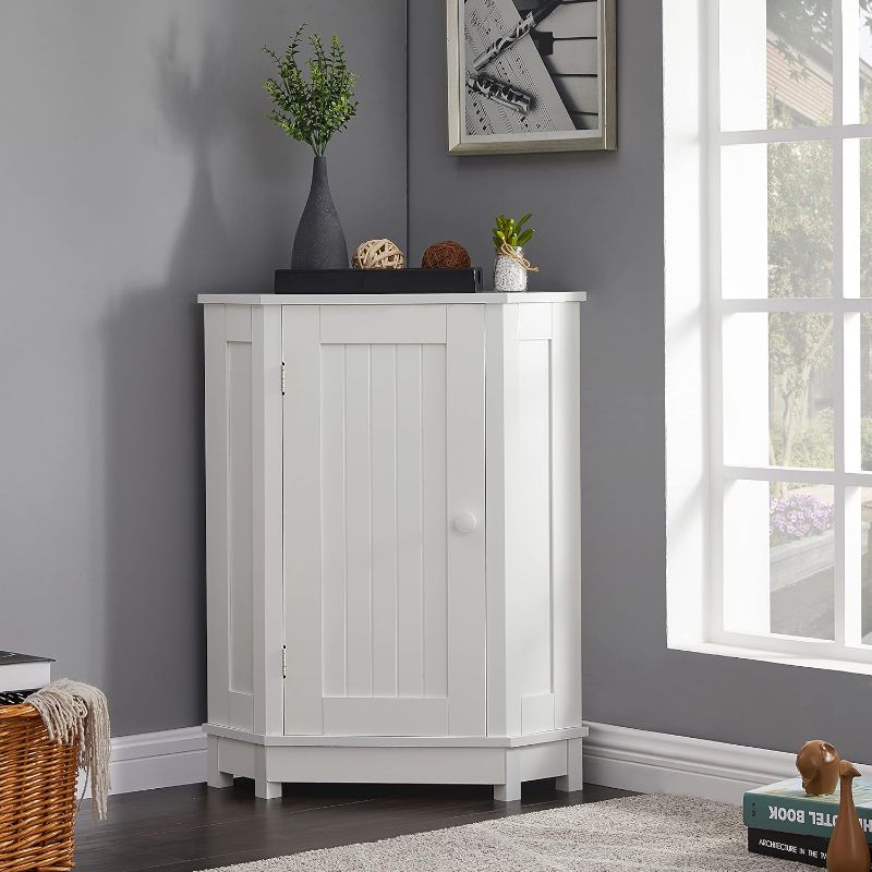 Photo 1 of Home Corner Storage Cabinet, Bathroom Triangle Floor Cabinet, Wood Freestanding Corner Cabinet with Single Door and Shelves (White)