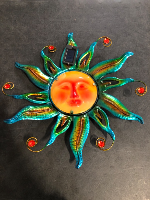 Photo 1 of **Alittle Bent ** Fashionoda 18 "Solar Sun Face Wall Art - Metal Sun Sculpture with LED Lights & Smiling Face, Outdoor Wall Hanging Decorations (Blue)