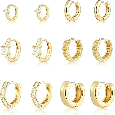 Photo 1 of See Pictures for Missing 2** Wgoud Small Gold Hoop Earrings Set for Women, 6 Pairs 14K Gold Plated Hypoallergenic Lightweight Huggie Hoops Earrings, Gold Cartilage Cubic Zirconia Earrings for Women Gifts.