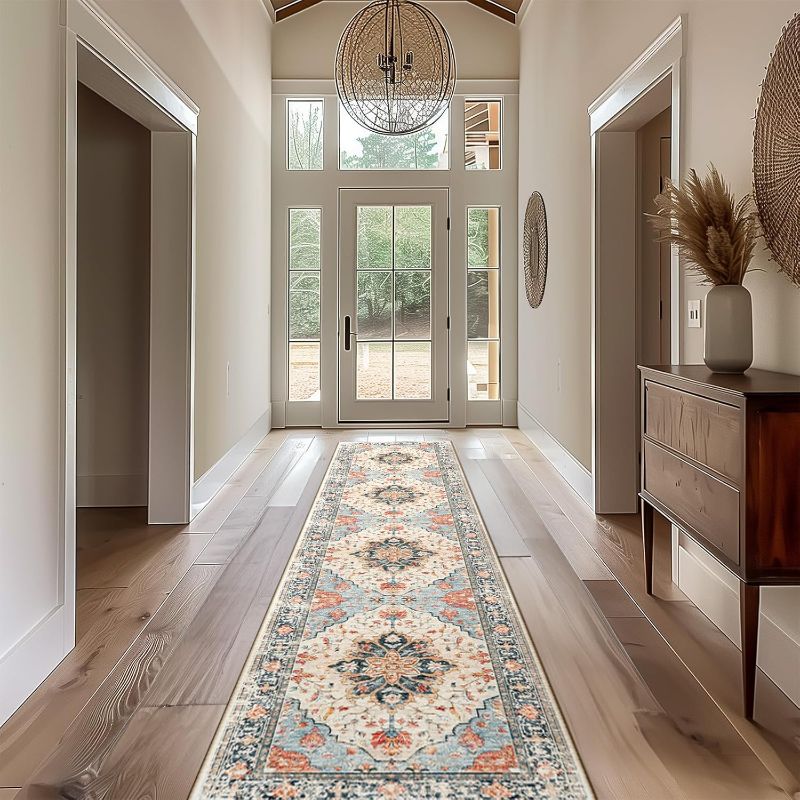 Photo 1 of Area Rugs 2'x10' Washable Non-Slip, Floral Vintage Distress Print Pattern Medallion Carpet for Living Room Bedroom Dining Room, Beige Navy Blue Orange Colorful