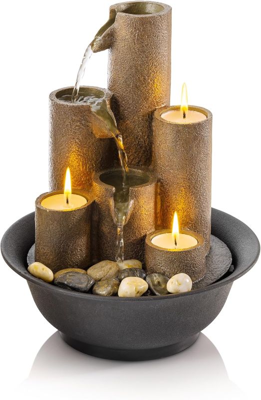 Photo 1 of Alpine Corporation WCT202 Indoor Tabletop Tiered Water Fountain Featuring 3 Candles for Desktop and Table, 11", Brown