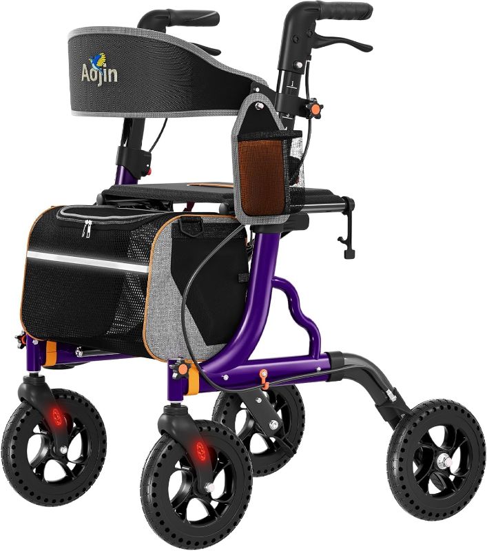 Photo 1 of Rollator Walkers for Seniors with Seat, Foldable Walkers for Seniors, 8" All-Terrain Wheels, 18" Big Seat, 6-Level Adjustable Height Rolling Walker, 350 lb, Walker for Seniors & Adults (Red)