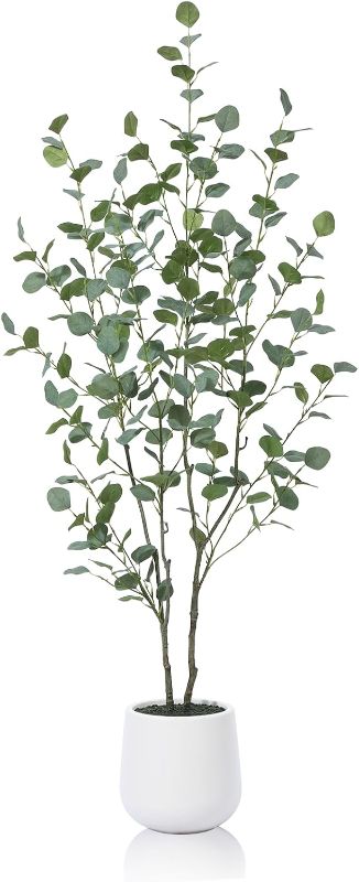 Photo 1 of Artificial Eucalyptus Tree, 5ft Tall Fake Silk Plants for Indoor Home Decor, Large Faux Eucalyptus Tree with 9 in White Planter for Office Home Living Room Decor, 1 Pack
