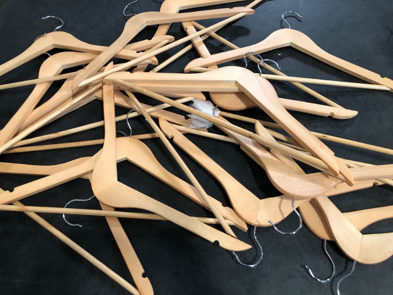 Photo 1 of Amber Home 20 Pack Wooden Coat Hangers, Natural Wood Suit Hangers with Non Slip Pant Bar, Clothes Hangers for Shirts, Jackets, Dress, Pant (Natural, 20)