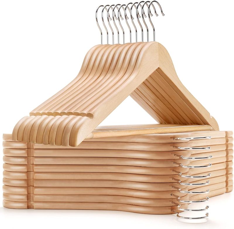 Photo 1 of Amber Home 20 Pack Wooden Coat Hangers, Natural Wood Suit Hangers with Non Slip Pant Bar, Clothes Hangers for Shirts, Jackets, Dress, Pant (Natural, 20)