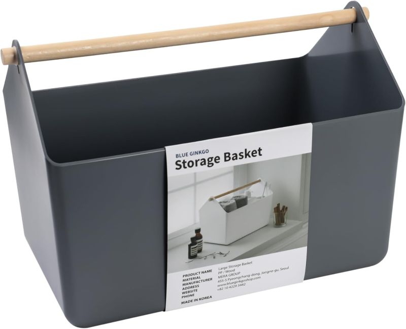 Photo 1 of BLUE GINKGO Large Storage Basket – Plastic Caddy with Wooden Handle for Bathroom, Pantry, or Cleaning Supplies (Gray)