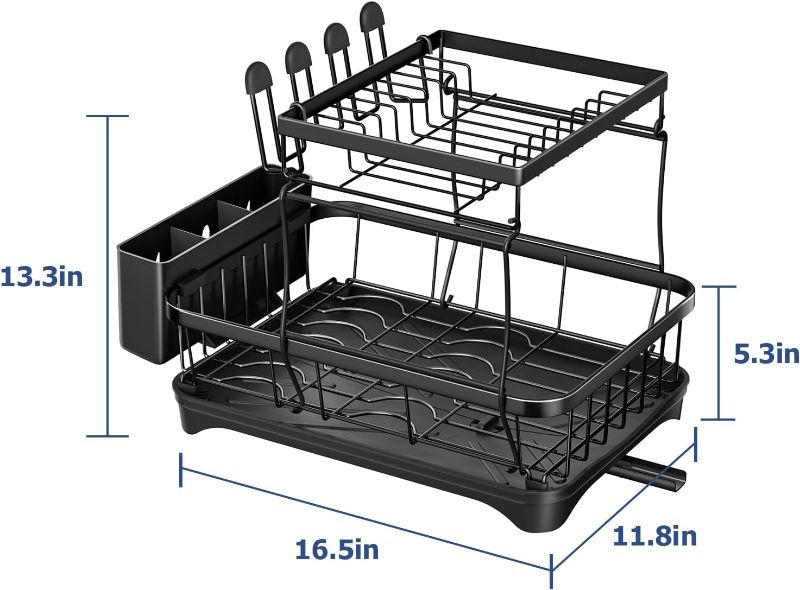 Photo 1 of Dish Drying Rack 2-Tier Dish Racks for Kitchen Counter, Adjustable Spout Auto-Draining Dish Rack, Large Capacity for Plates, Bowls, Cups, Tableware Dish Drainer with Drainboard,Black