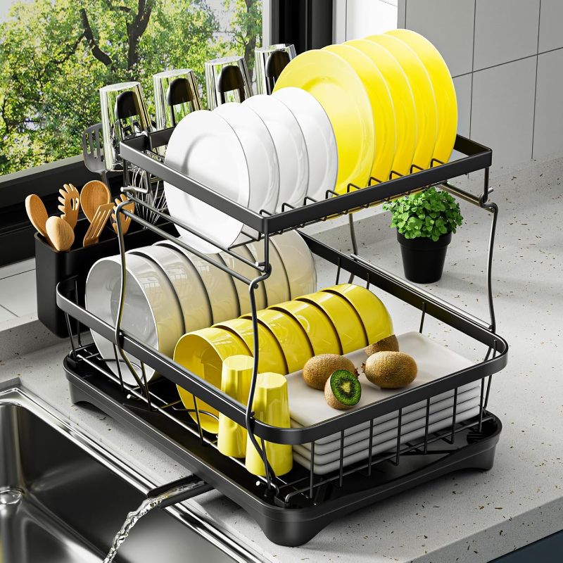 Photo 1 of Dish Drying Rack 2-Tier Dish Racks for Kitchen Counter, Adjustable Spout Auto-Draining Dish Rack, Large Capacity for Plates, Bowls, Cups, Tableware Dish Drainer with Drainboard,Black
