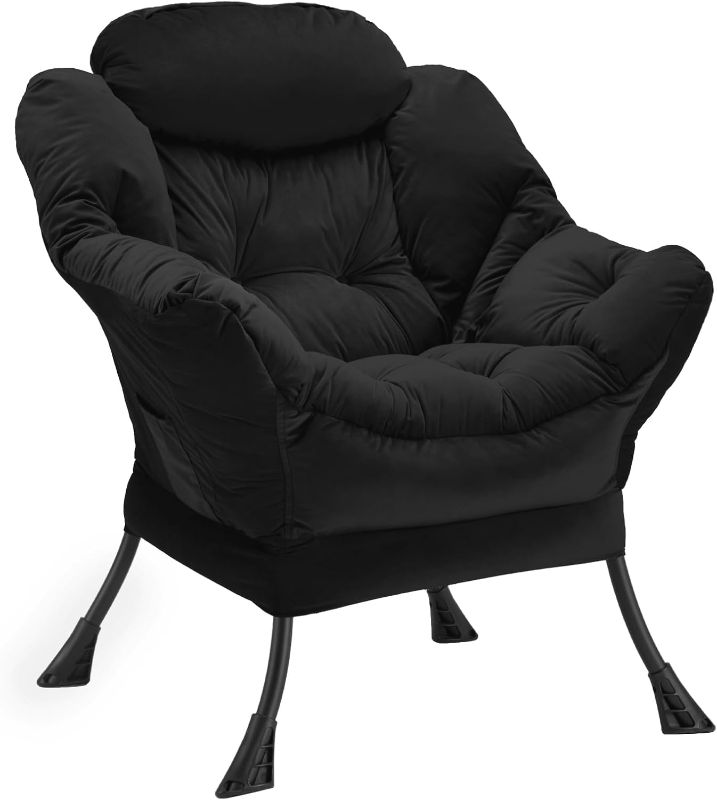 Photo 1 of Lazy Chair Thick Padded, Comfy Velvet Accent Lounge Chair with Stable Frame, Leisure Sofa Armchair with Armrests and Side Pocket, Reading Chair for Bedroom, Living Room, Office, Black