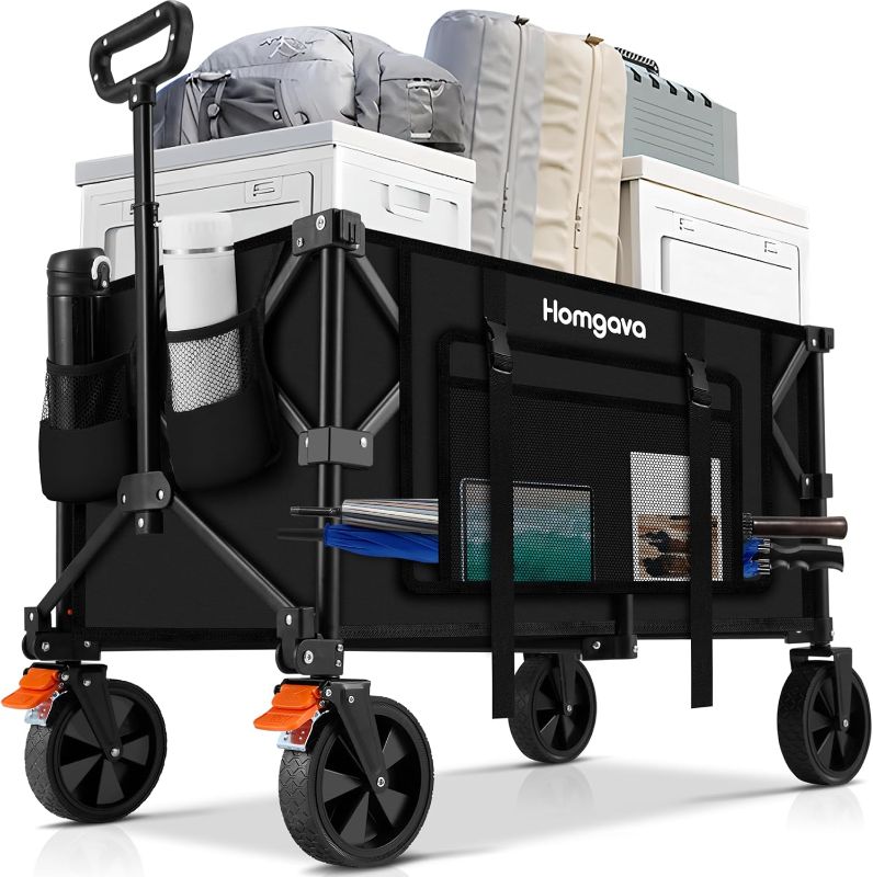Photo 1 of 140L Collapsible Folding Wagon Cart with 350LBS Resting Weight Capacity, Heavy Duty Garden Cart with All-Terrain&Brake Wheel, Utility Wagon with Side Pocket for Camping,Shopping,Sports,Black