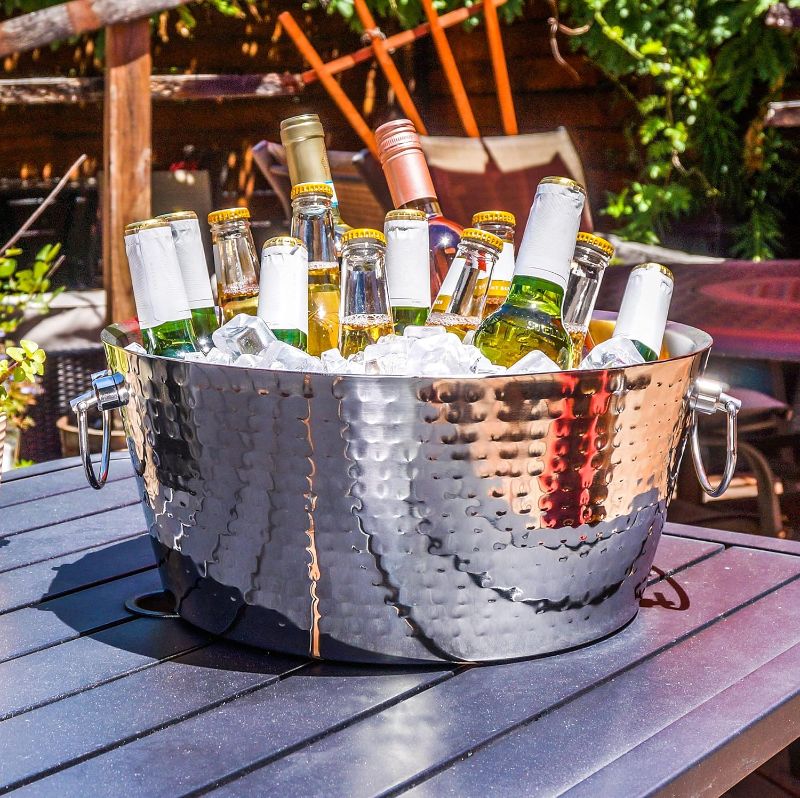 Photo 1 of BREKX Hammered Stainless-Steel Beverage Tub, Double-Walled Insulated Anchored Drink Tub & Ice Bucket with Double Hinged Handles, Drink Chiller for Parties, 12 Quarts