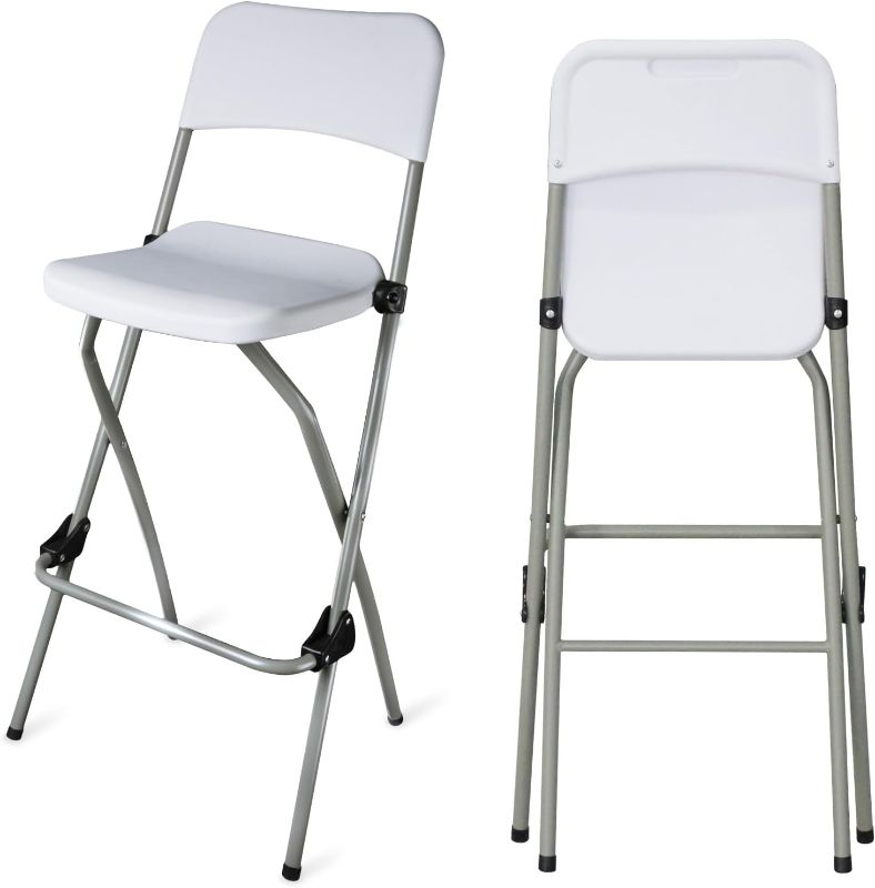 Photo 1 of Folding Bar Stool Tall Portable Foldable Metal Frame Barstool with Backrest and Footrest, Seat Height 28.94 inches, Weight Capacity 220 lbs,2 Pcs,White