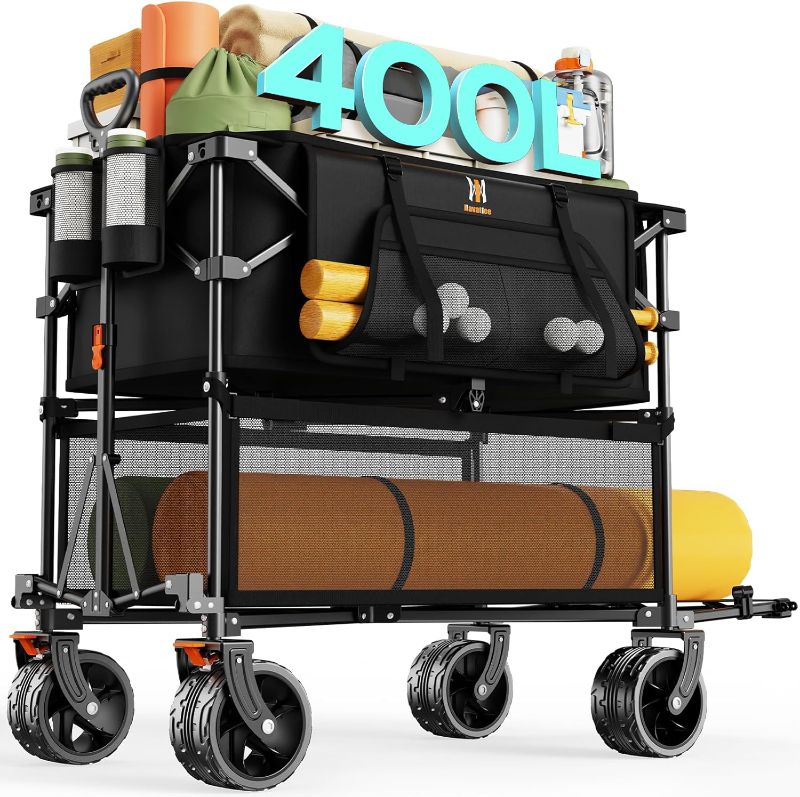 Photo 1 of Navatiee 400L Double Decker Wagon Collapsible, 485LB Weight Capacity Heavy Duty Foldable Large Beach Wagon with Big All-Terrain Wheels, Folding Utility Cart for Sports, Camping, Outdoor, Black