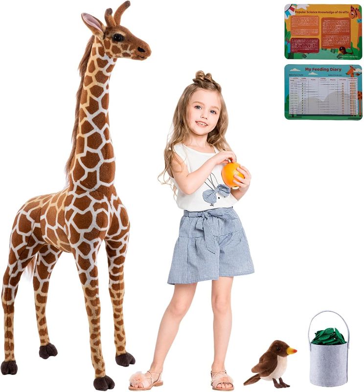 Photo 1 of 47” Large Giraffe Stuffed Animal Set, Giant Giraffe Plush Toys with Birds, Leaves, Basket, Tall Giraffe Toy Standing Lifelike, Gift for Kids Nursery Baby Shower Party