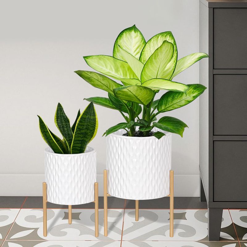 Photo 1 of ARNIS Plants Pots with Stand, Set of 2 P lanters, Unique Mid Century Decorative Metal Flower Pots with Drainage, 8.25 & 10.5 Inch, White and Gold