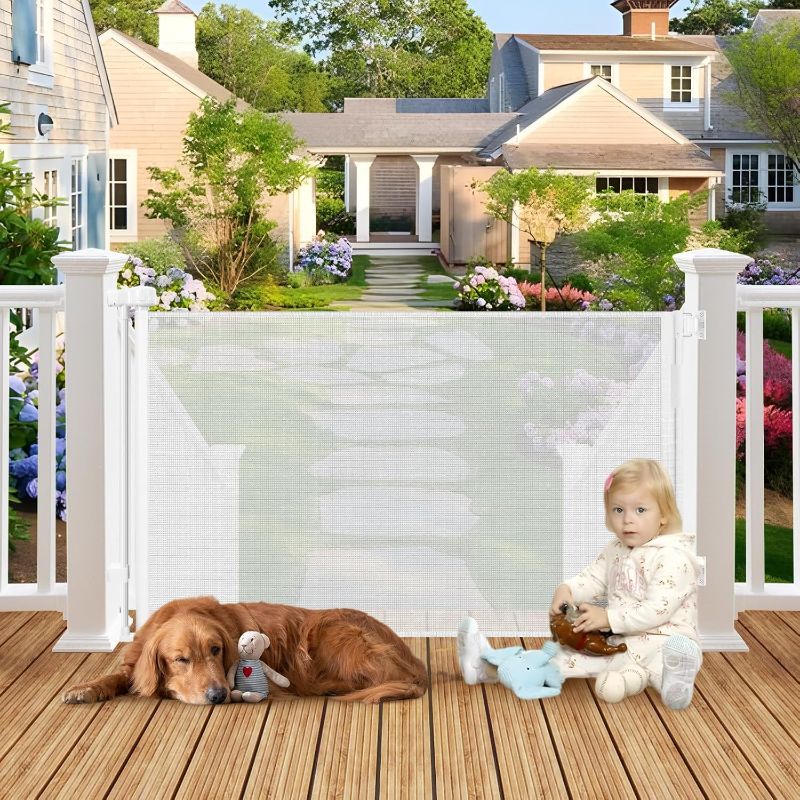 Photo 1 of Weatherproof Outdoor Retractable Baby Gates 55" Wide Waterproof Retractable Dog Gate Mesh Baby Gate Retractable Mesh Gate Outdoor Retractable Pet Gate for Dog Outdoor Baby Gates for Decks Dog Barrier