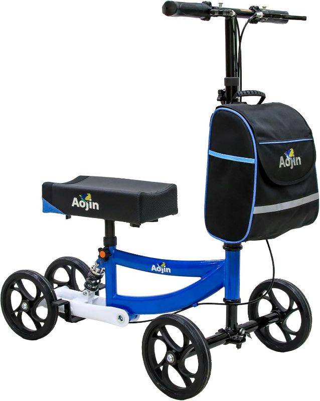 Photo 1 of Knee Scooter, 300lbs Capacity, 13" Big PU Seat, All Terrain Foldable Knee Scooter Walker with Bag for Foot Injuries Compact Crutches Alternative (Blue)