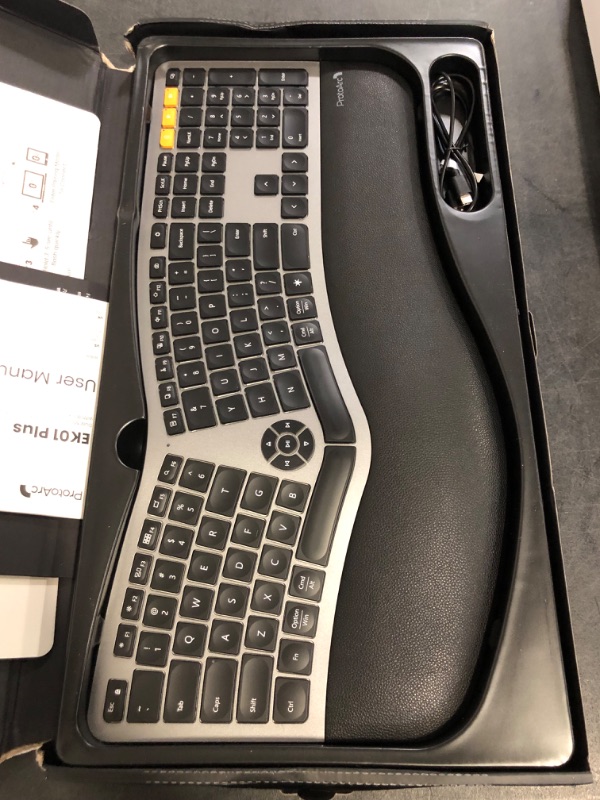 Photo 1 of ProtoArc Backlit Bluetooth Ergonomic Keyboard, EK01 Plus Full Size Wireless Split Keyboard with Dual Bluetooth and USB, Cushioned Wrist Rest, Rechargeable, Compatible with Windows/Mac/Android, Grey