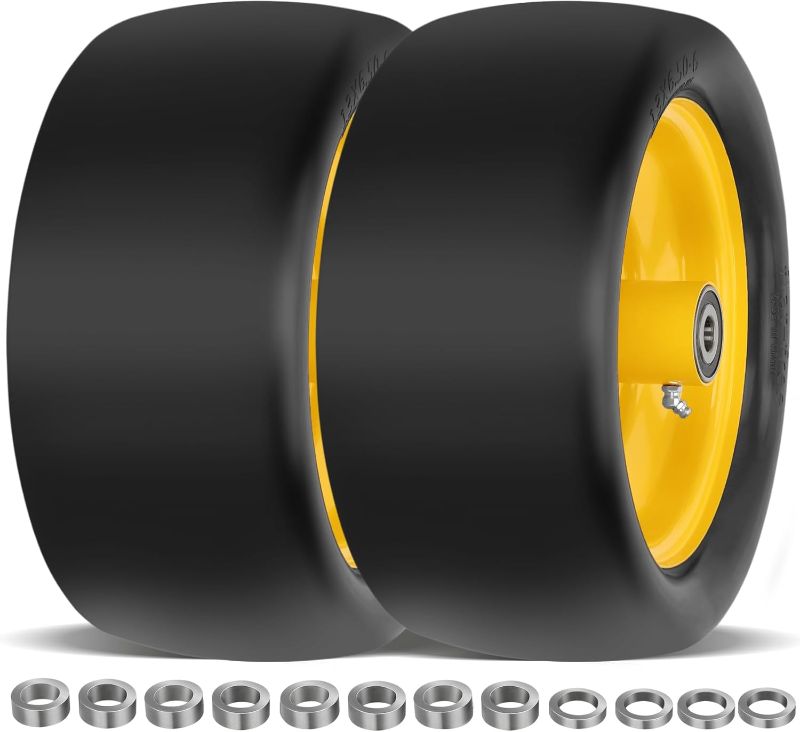 Photo 1 of 2 Pcs Upgrade 13x6.50-6 Lawn Mower Tires Flat Free with 3/4" Bearing, 13x6.50-6 Zero Turn Mower Front Tires, 13x6.5-6 Flat Free Lawn Mower Tires for Commercial Grade Lawn, 5.5"-7.5" Centered Hub