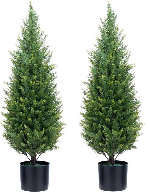 Photo 1 of Artificial Topiary Trees 3 Foot Artificial Cedar Trees UV Resistant Potted Plant Set of 2 Faux Bushes Fake Shrubs for Outdoor Indoor Front Porch Garden