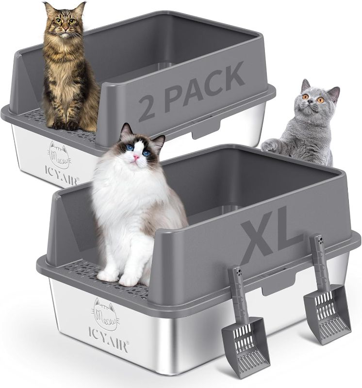 Photo 1 of 2PACK Stainless Steel Cat Litter Box with High Sides Lid, Extra Large XL Litter Box for Big Cats, Metal Kitty Litter Boxes with Anti-Leakage Enclosure,Non-Stick,Odorless,Scoop Included