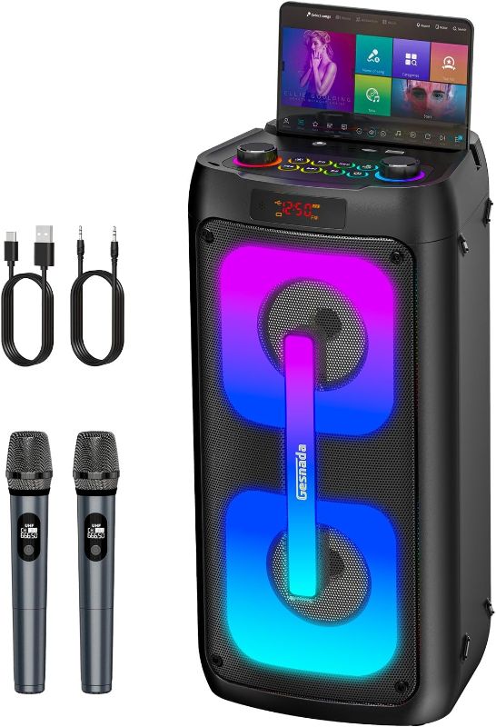 Photo 1 of Karaoke Machine for Adults, Bluetooth Speaker with 2 Wireless Microphones, Portable PA System with Dicso Lights for Big Pary, Stage Subwoofers, Outdoor, Ideal Gifts for Family, Music Lover