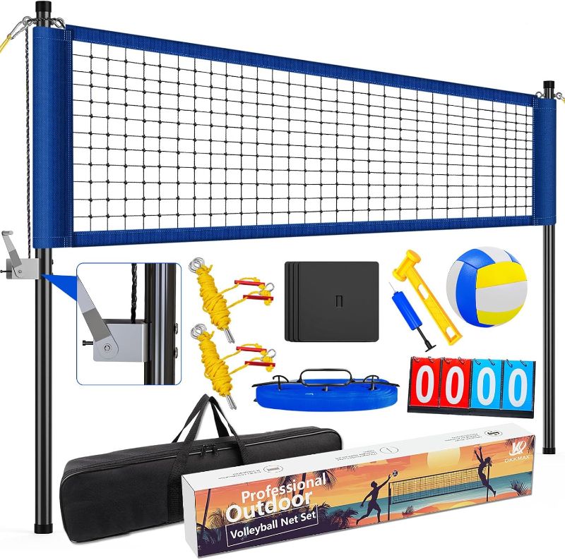 Photo 1 of Professional Outdoor Volleyball Net Set with Adjustable Poles & Anti-Sag Design, Portable Volleyball Net Includes Beach Fixed Plate, Scoreboard, Boundary Line and Carry Bag for Backyard Beach Grass