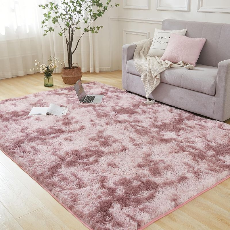 Photo 1 of Andency 8x10 Shag Area Rug for Living Room, Tie-Dyed Dusty Pink Soft Fuzzy Plush Indoor Carpets for Bedroom, Non Skid Fluffy Faux Fur Rug for Room