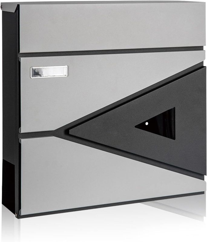 Photo 1 of Wall-Mount Mailbox for House Outside, Security Drop Box with Lock and Keys, Steel Metal Mail Box with Newspaper Compartment, 14.57 x 14.57 x 4.33 Inch, Grey & Black, MD039 X-Large