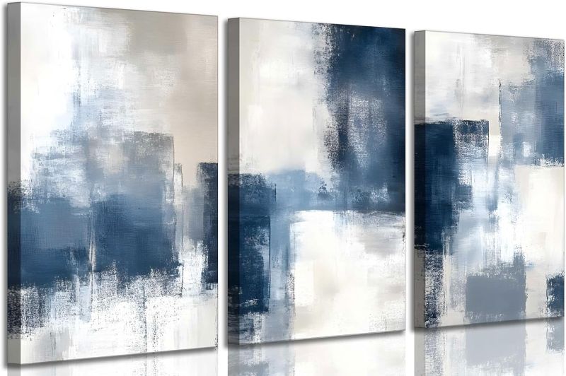 Photo 1 of 3 Pcs Navy Blue Abstract Canvas Wall Art Modern Minimalist Neutral Blue and Grey Paintings Pictures Wall Decor Poster Print Artwork for Living Room Bedroom Office Home Decoration