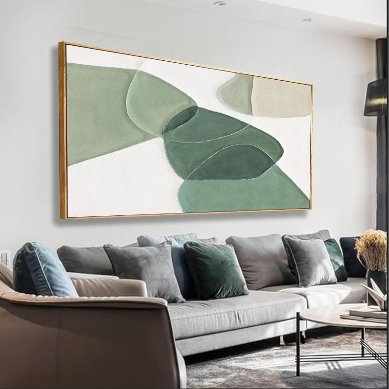 Photo 1 of Framed Wall Art Canvas Artwork Green And White Geometric Color Block Line Art Canvas Paintings Wall Decor Modern Home Bedroom Art Office Decor 20"X 40" Framed Ready To Hang

