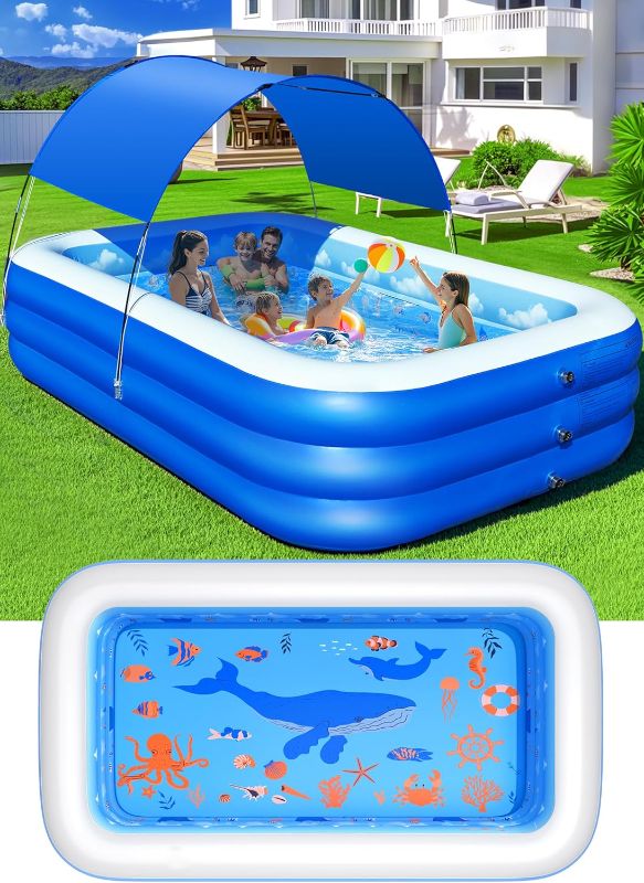 Photo 1 of Inflatable Pool with Canopy,Upgraded Inflatable Swimming Pool for Kids,Adult,Large Inflatable Blow up Pools,Ocean Theme Oversized Thickened 100"x63"x22"Inflatable Family Pools for Backyard-Blue