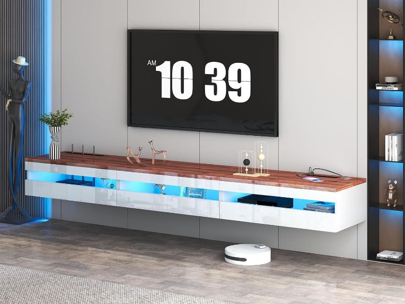 Photo 1 of Floating TV Stand | 94.5'' Long Wall Mounted TV Shelf with Power Outlet, Modern Wooden Entertainment Center Media Console with Storage, High Gloss Large TV Cabinet, Up to 100 Inch TVS