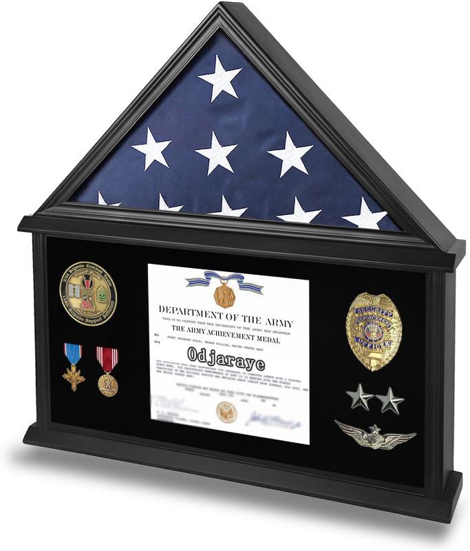 Photo 1 of Large American Veteran Flag Display Case Solid Wood Memorial Flag Display Case with HD Tempered Glass for 5' X 9.5' Folded Burial Flag Military Flag Display Case with Certificate Holder, Black Finish