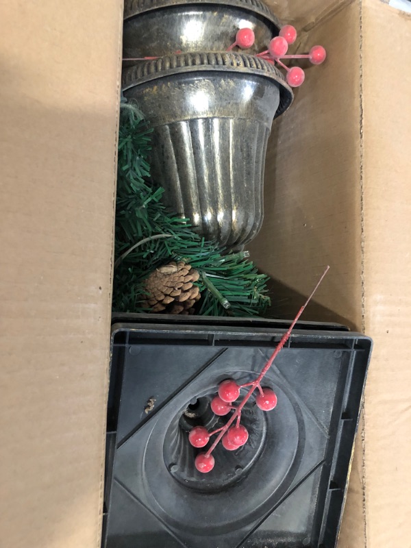 Photo 1 of Used with Dirt Inside Still** HAPPYGRILL 3FT Pre-Lit Artificial Christmas Tree with Urn Base, Artificial Xmas Tree with 100 Branch Tips, 40 Warm White Lights, Pine Cones, Red Berries, Front Door Porch Entryway Christmas Tree