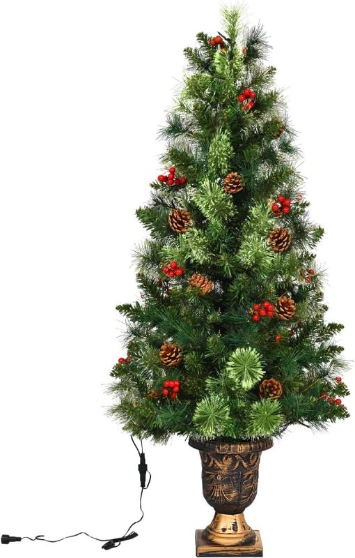 Photo 1 of Used with Dirt Inside Still** HAPPYGRILL 3FT Pre-Lit Artificial Christmas Tree with Urn Base, Artificial Xmas Tree with 100 Branch Tips, 40 Warm White Lights, Pine Cones, Red Berries, Front Door Porch Entryway Christmas Tree