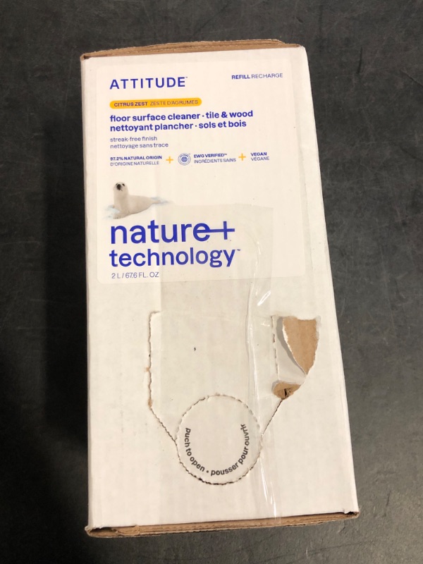 Photo 1 of ATTITUDE Floor Cleaner Refill, EWG Verified, Streak-Free, Vegan & Plant-Based for Tile, Wood & Laminate Floors, Citrus Zest Scent, 67.6 Fl Oz