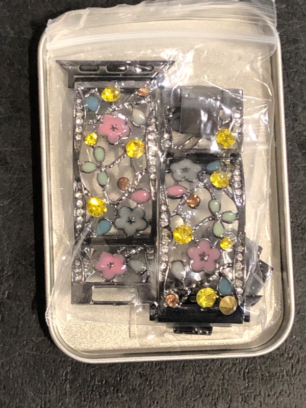 Photo 1 of Duoan Floral Bracelet Compatible with Apple Watch Band 38mm 40mm 41mm 42mm iWatch Bands Series 10 9 8 7 6 SE,Bling Crystal Hollow Metal Strap,Cute Women Dressy Jewelry Wristband(38/40/41/42mm,Black)