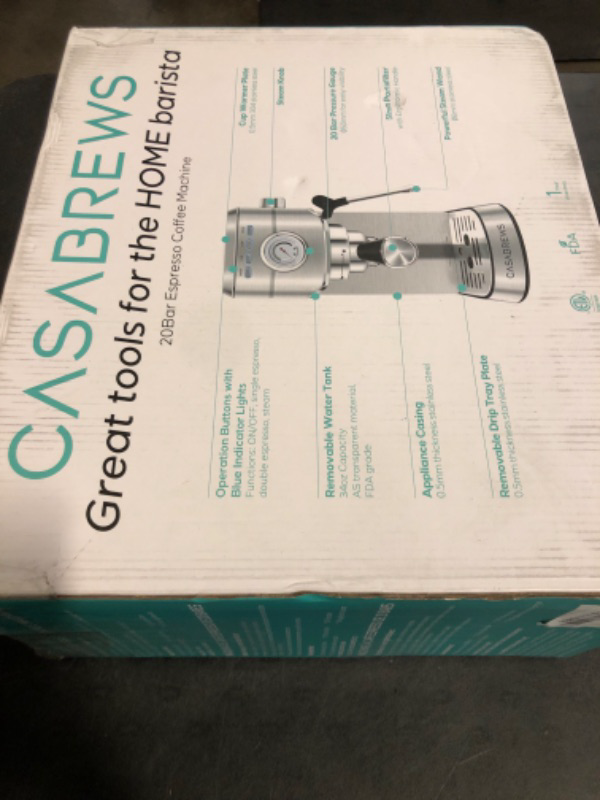 Photo 1 of Sealed In CASABREWS CM5418 Espresso Machine 20 Bar, Compact Espresso Maker with Steam Milk Frother, Stainless Steel Coffee Machine with 34oz Removable Water Tank for Cappuccino, Latte, Silver