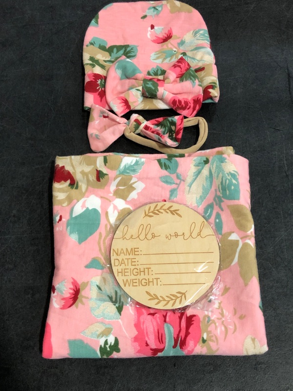 Photo 1 of DRESHOW BQUBO Baby Girl Newborn Receiving Blanket with Bow Hat Headband Wooden Birth Announcement Card Set Baby Floral Print Nursery Swaddle Wrap