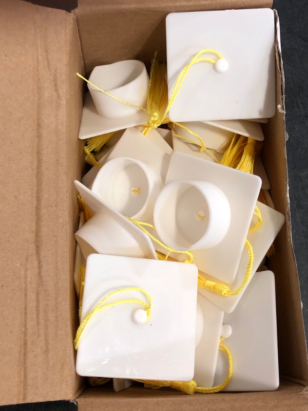 Photo 1 of Qunclay 30 Pieces Mini Graduation Cap White Hats with Gold Tassels Plastic Grad Cake Pops Cover Toppers for Graduation Party Decorations