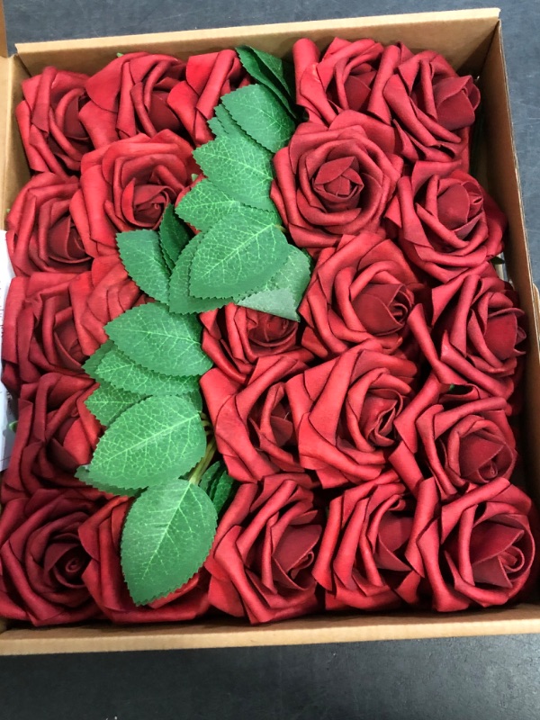 Photo 1 of AmyHomie Artificial Flower Dark Red Rose 25pcs Real Looking Fake Roses w/Stem for DIY Wedding Bouquets Centerpieces Arrangements Party Baby Shower Home Decorations