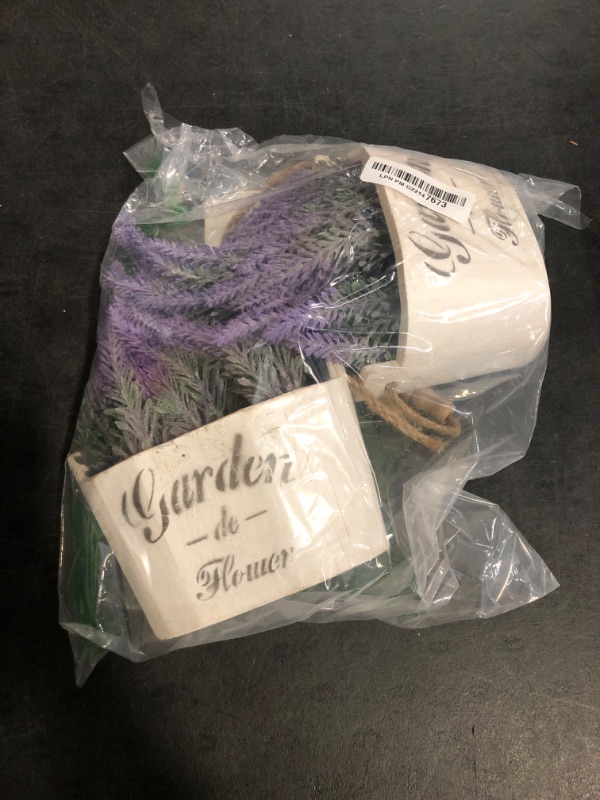 Photo 1 of Butterfly Craze Artificial Lavender Plants in Rustic Wooden Planters - Lifelike, Stunning Faux Silk Purple Flowers Perfect for Elevating Your Patio, Home Décor, or Office (Set of Two), White Pots