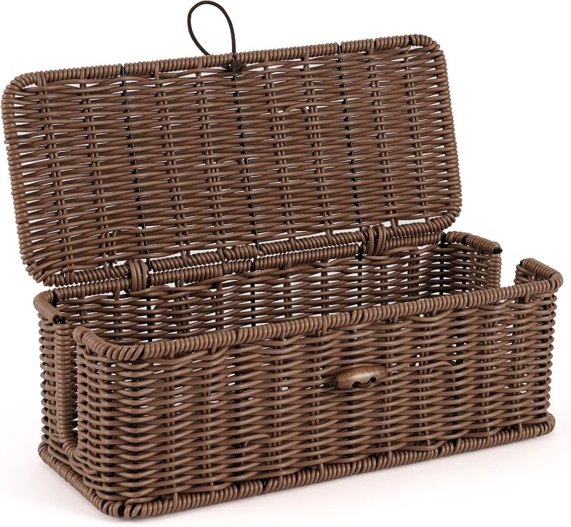 Photo 1 of Cable Management Box, Handwoven Faux Rattan Cord Organizer Box with Lid, 2 Open Slots Cable Organizer Box, Decorative Cord Hider Box for Tv Computer USB Hub & Power Strip Holder