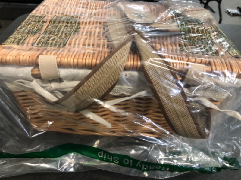 Photo 1 of ** Grey Flower Pattern** Woodchip Picnic Basket for 4,Handmade Picnic Basket with Solid Table, Woven Basket with Double Swing Handles Picnic Mat, Large Basket for Picnic, Camping, Wedding Gifts for Couple